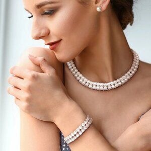 Cultured White Freshwater Pearl and Bead Double Row Strand in Yellow